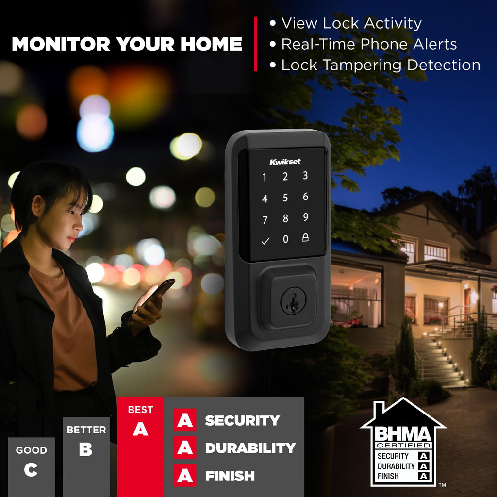 Kwikset Halo Wi-Fi Smart Lock, Keyless Entry Front Door Touchscreen Deadbolt, Matte Black Finish, Grade AAA Certified, UL Listed, Easy Install No Hub