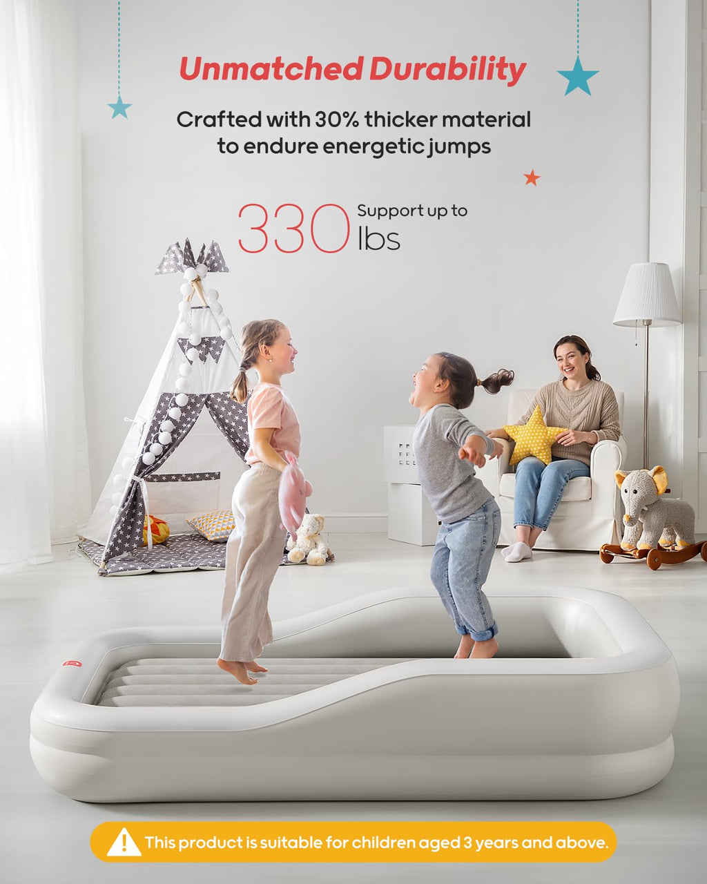 QPAU Inflatable Toddler Travel Bed with 3-Sided, Extra Large, Gray