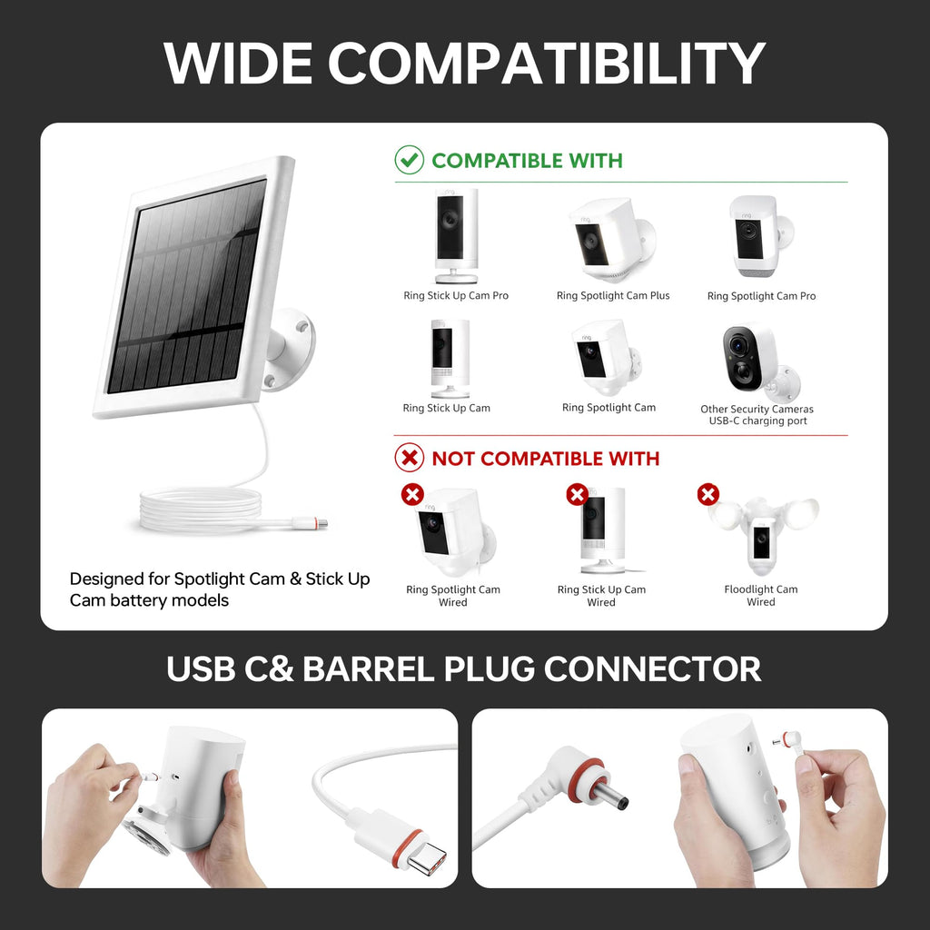 Solar Panel for Ring Camera, 2 Pack 4W Solar Charger with 10FT Cable, USB-C to Barrel Plug Adapter, Compatible with Ring Stick Up Cam Battery/Pro