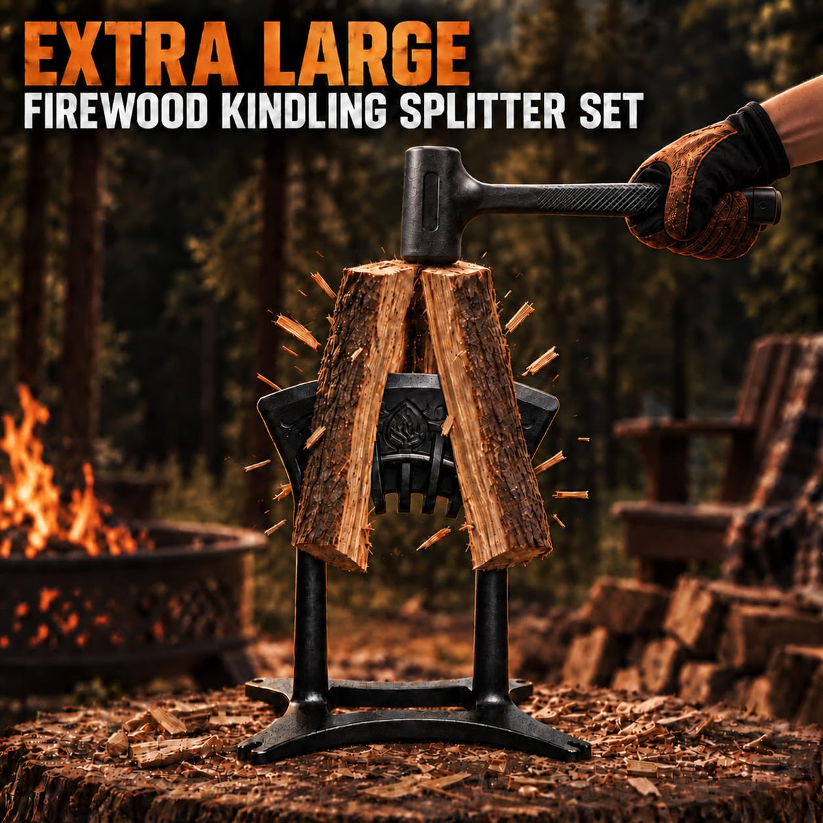 Kindling Splitter for Wood,Manual Log Splitter with 3Lbs Rubber Hammer,One-Piece Molding Cast Iron Wood Splitter,Firewood Splitter Tool（Extra Large