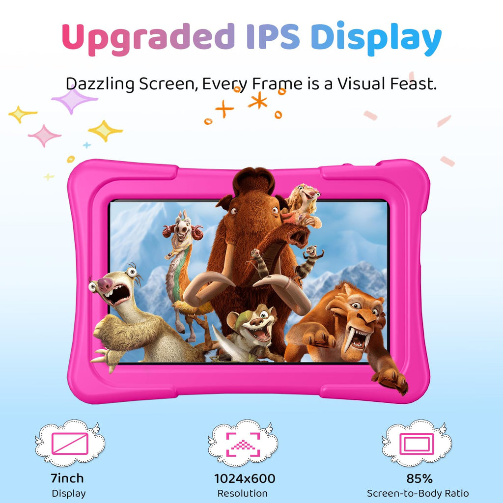Kids Tablet, 7 inch Android Tablet for Kids, 6GB+32GB 1TB Expand, Quad-Core Tablets with Case, BT, WiFi, Parental Control, Games, Dual (Rose)