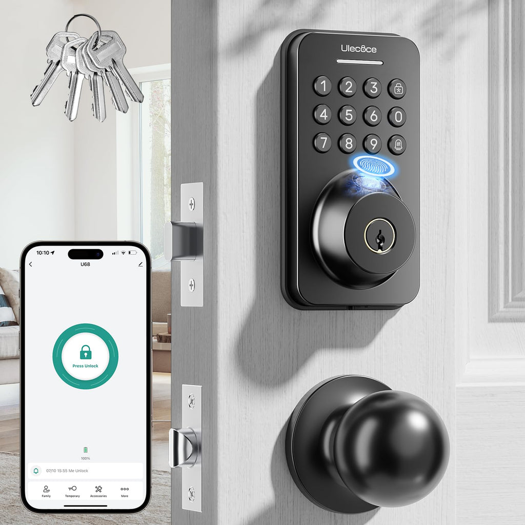U68 Fingerprint Keypad Deadbolt with Knob Set, Matte Black