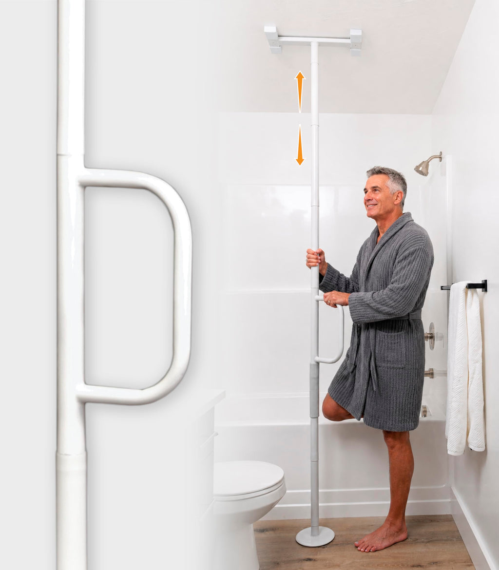 Stander Single Handle Non-Rotating Floor to Ceiling Grab Bar, No-Drill Tension Mounted Transfer Pole for Seniors, Bath Safety & Bedside Assist Rail