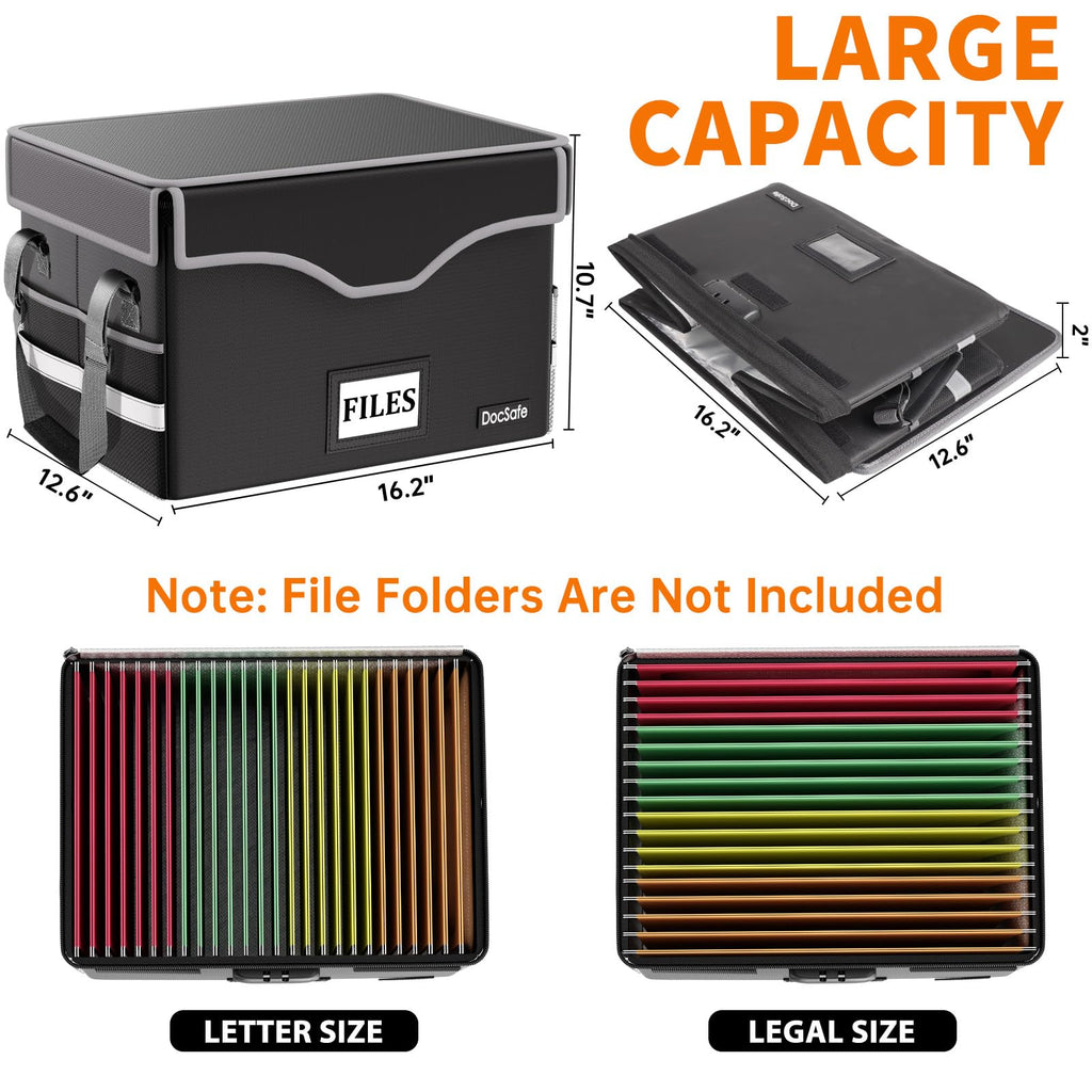 DocSafe 5200°F Fireproof Document Box with Lock,Heat Insulated File Organizer Storage with Pockets,Collapsible Portable Home Office File Safe Box