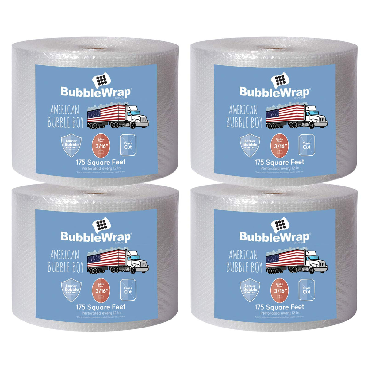 4 large rolls of Bubble Wrap total 700 feet, small bubbles 3/16 cushioning, 700 ft, heavy duty, perforated Every 12" Made in the USA by American