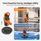 Smart Automatic Water Pool Cover Pump,Submersible Pump Removes Water from Inground/Above Ground Winter Swimming Pools, 1/3 HP 2790 GPH, Auto On/Off &