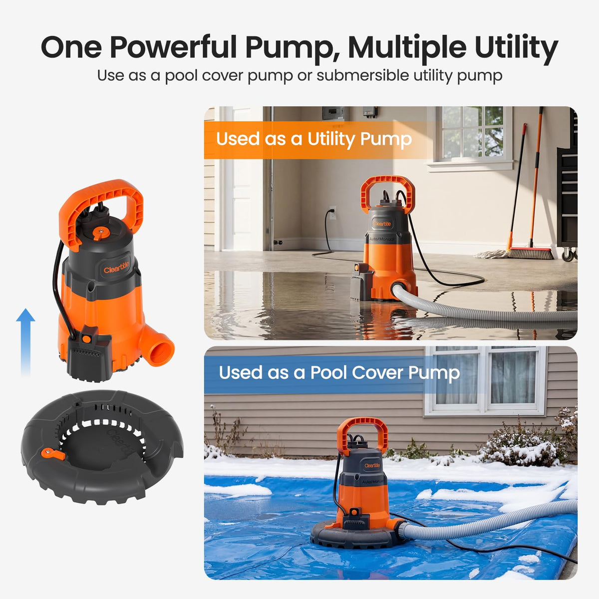 Smart Automatic Water Pool Cover Pump,Submersible Pump Removes Water from Inground/Above Ground Winter Swimming Pools, 1/3 HP 2790 GPH, Auto On/Off &