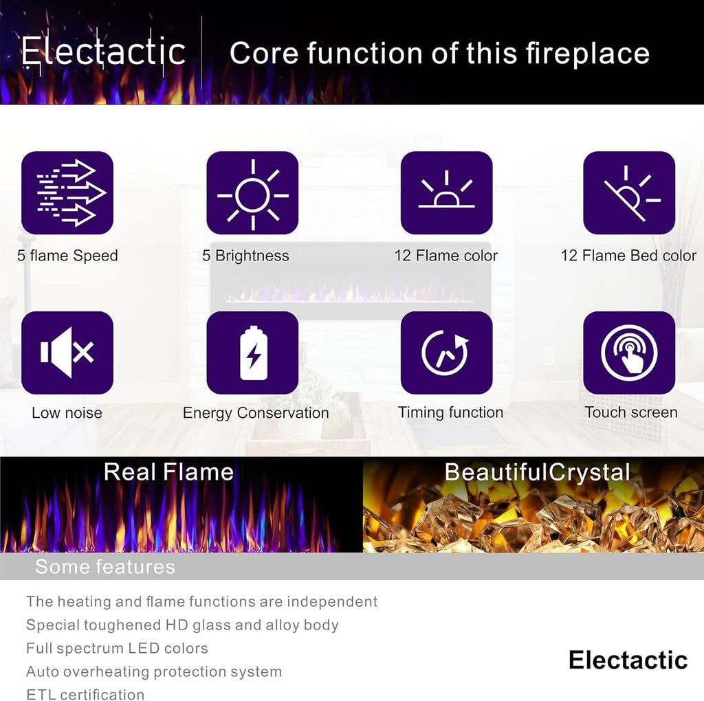 Electactic 36 Inch Electric Fireplace Insert Ultra-Thin - Recessed & Wall-Mounted Fireplace Heater with Thermostat, Adjustable Flame, Remote Control