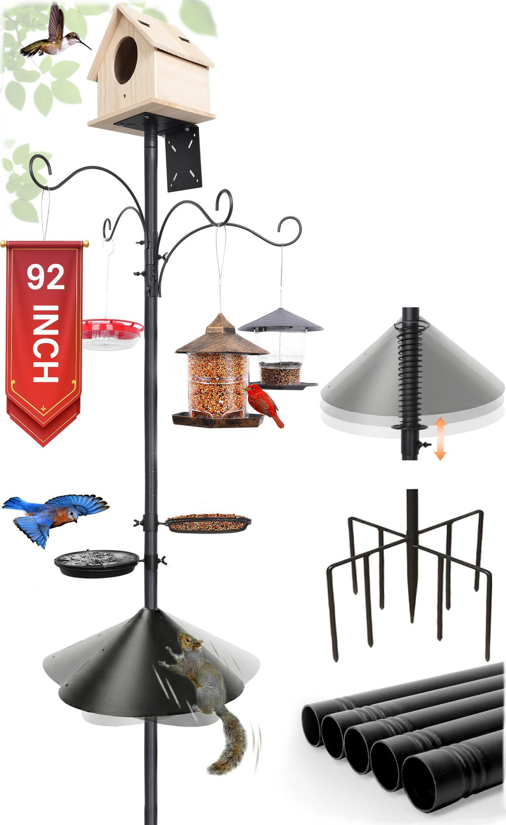92 Inch Squirrel Proof Bird Feeder Pole with 9 Prongs Base, 1 Inch Dia Bird House Pole, Heavy Duty Bird Feeder Stand, Adjustable Shepherds Hooks for