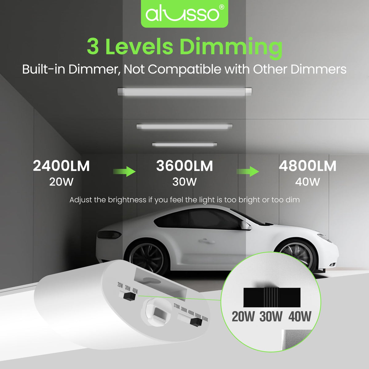 ALUSSO® LED Shop Lights 4FT for Garage, 4800LM Adjustable 20W/30W/40W, 5CCT 2700K 3000K 4000K 5000K 6500K, 120V, Warm to Cool Daylight Linkable Shop