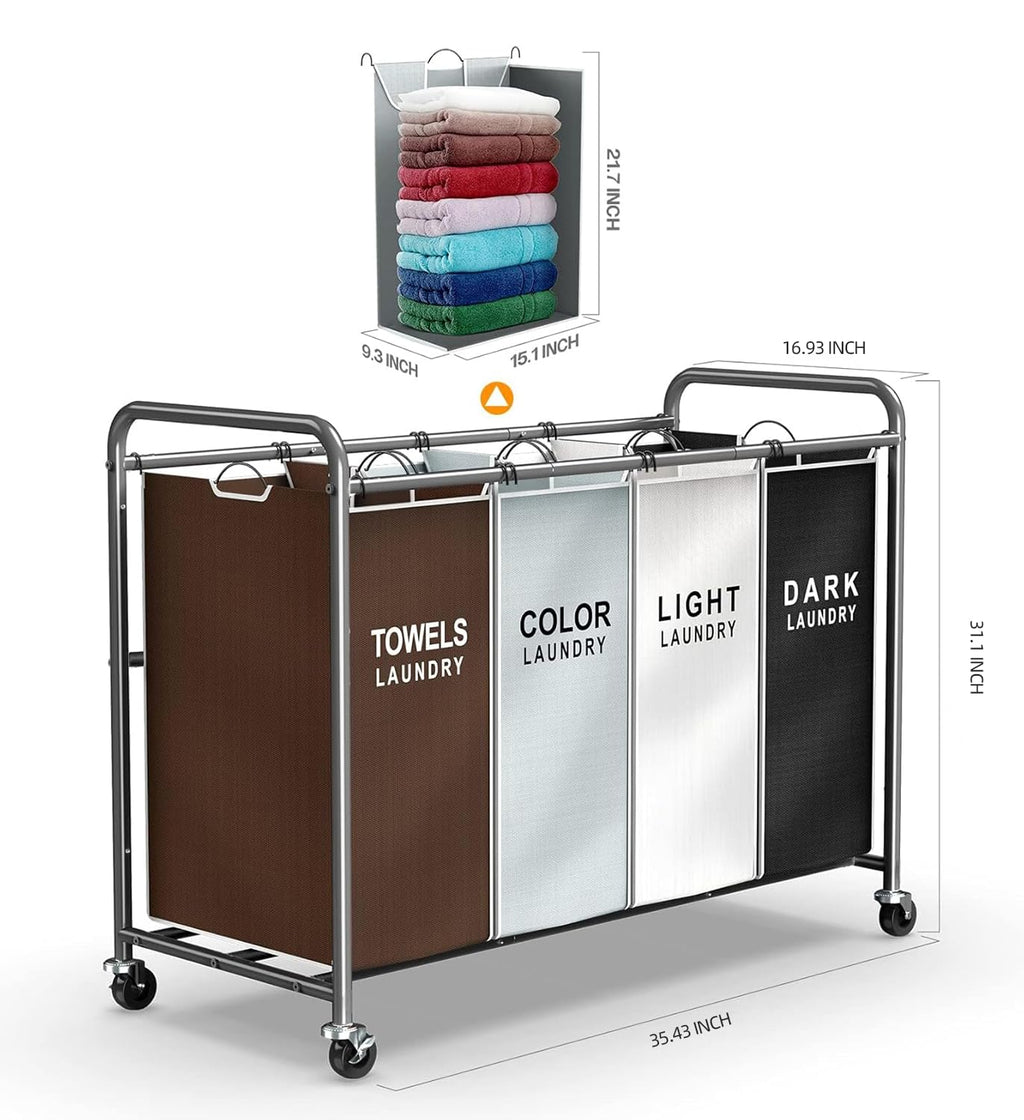 Laundry Hamper Sorter Cart, 4-Section Organizer with Lockable Wheels
