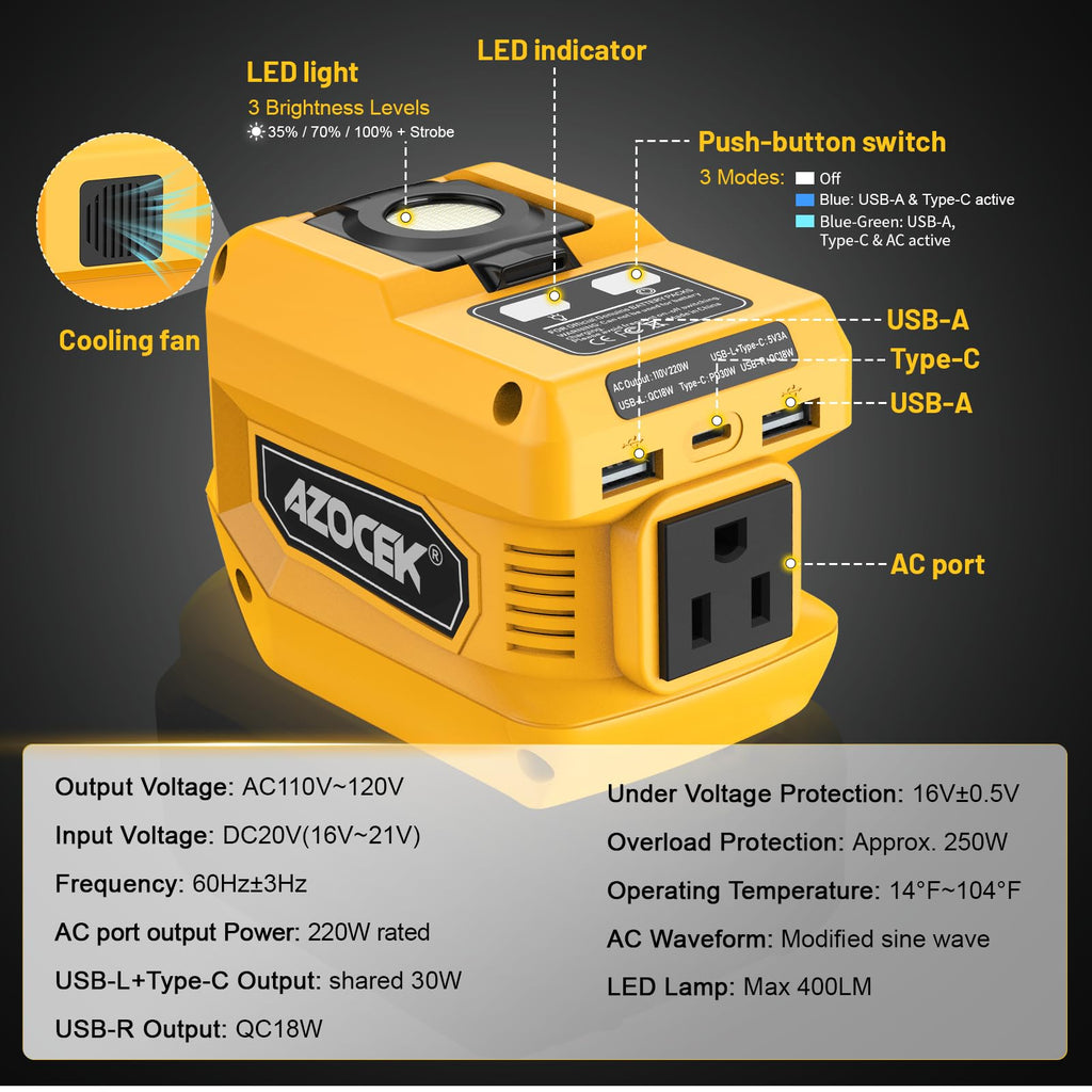 220W Power Inverter Compatible with Dewalt 20V Battery