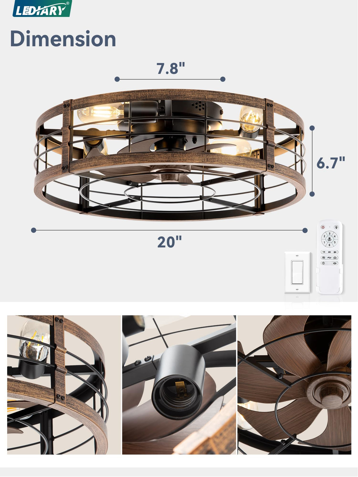 LEDIARY 20" Caged Low Profile Ceiling Fan with Light and Remote Black Gold