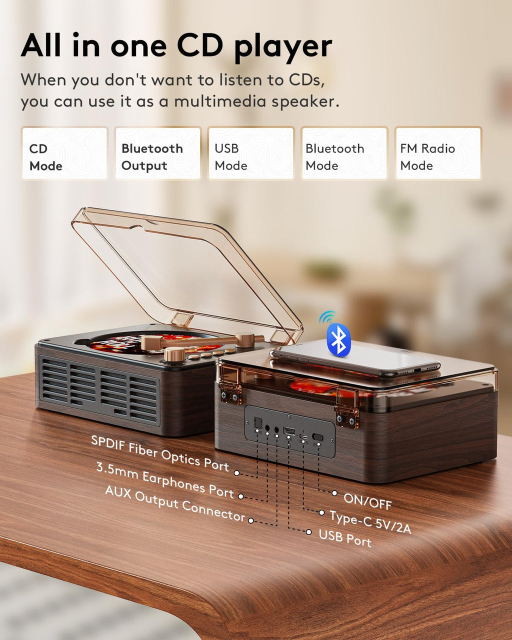 CD Player with Speakers Retro Bluetooth CD Players for Home-Brown