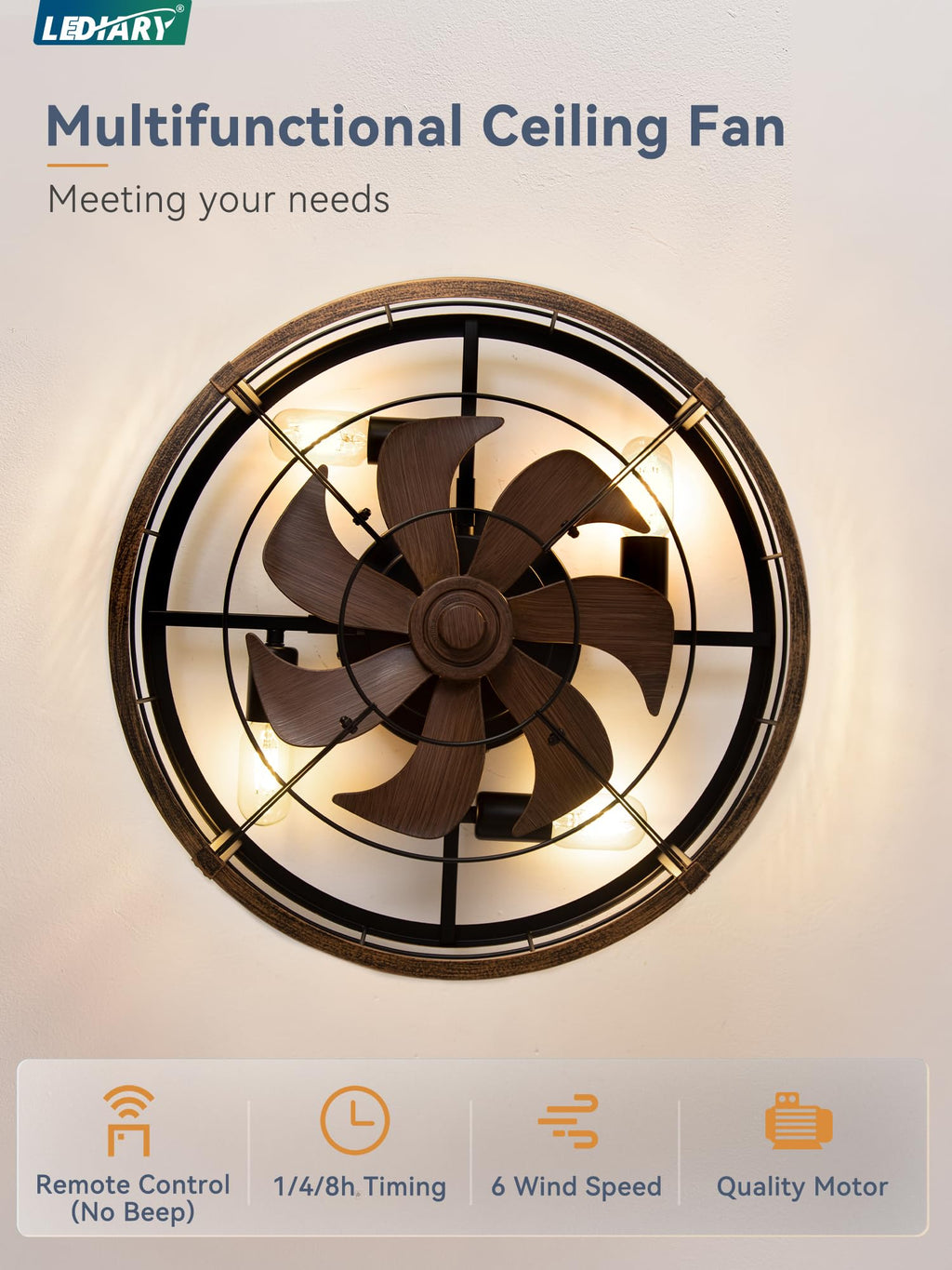 LEDIARY 20" Caged Low Profile Ceiling Fan with Light and Remote Black Gold
