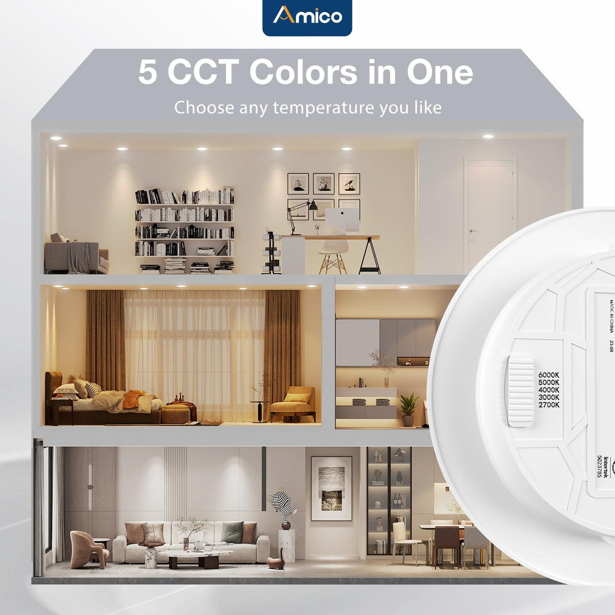 Amico Recessed Lighting 5/6 Inch, 24 Pack 5CCT Flat LED Can Lights, White