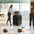 3 Drawer File Cabinet with Lock, Black Metal, Under Desk