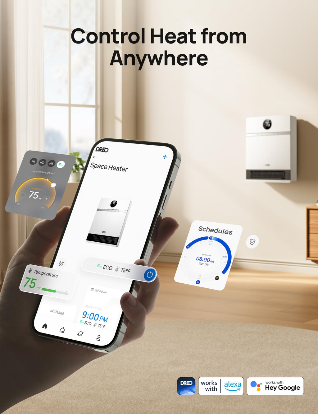 DREO Smart Electric Wall Heater for Indoor Use, Works with Alexa,Large Room