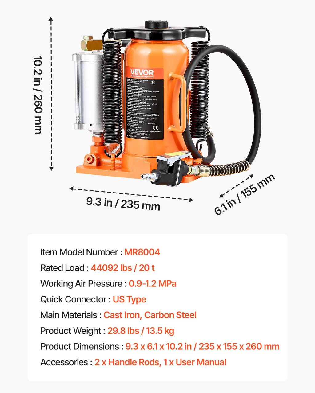 VEVOR Air Hydraulic Bottle Jack, 20 Ton/40000 LBS All Welded Bottle Jack, 10.4-19.7 inch Lifting Range, Manual Handle and Air Pump, for Car, Pickup