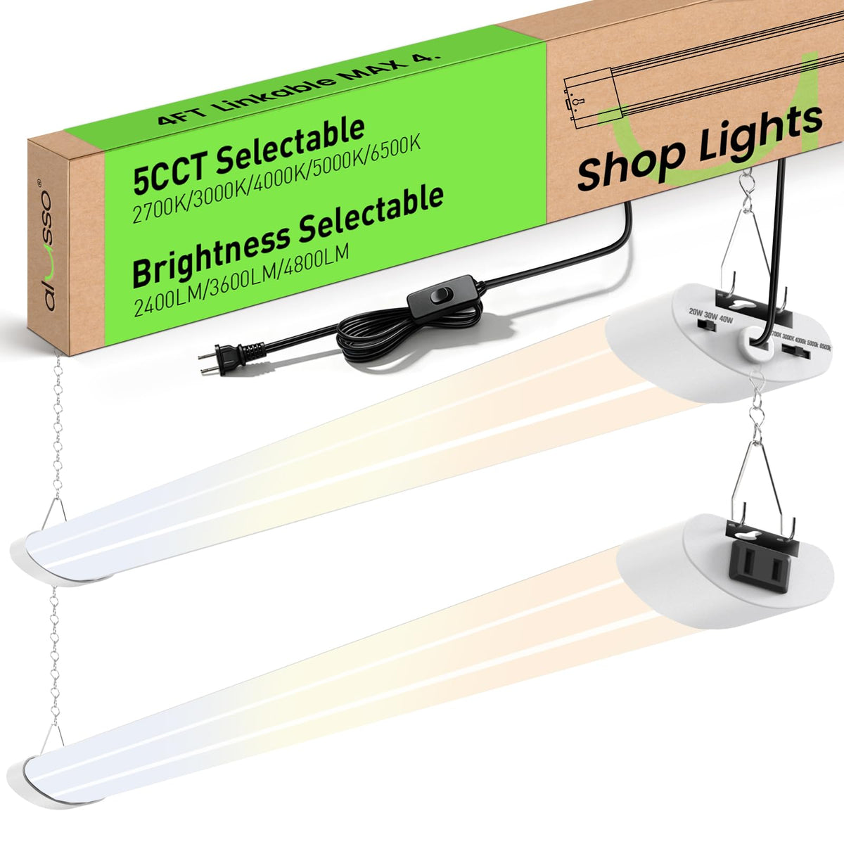 ALUSSO® LED Shop Lights 4FT for Garage, 4800LM Adjustable 20W/30W/40W, 5CCT 2700K 3000K 4000K 5000K 6500K, 120V, Warm to Cool Daylight Linkable Shop