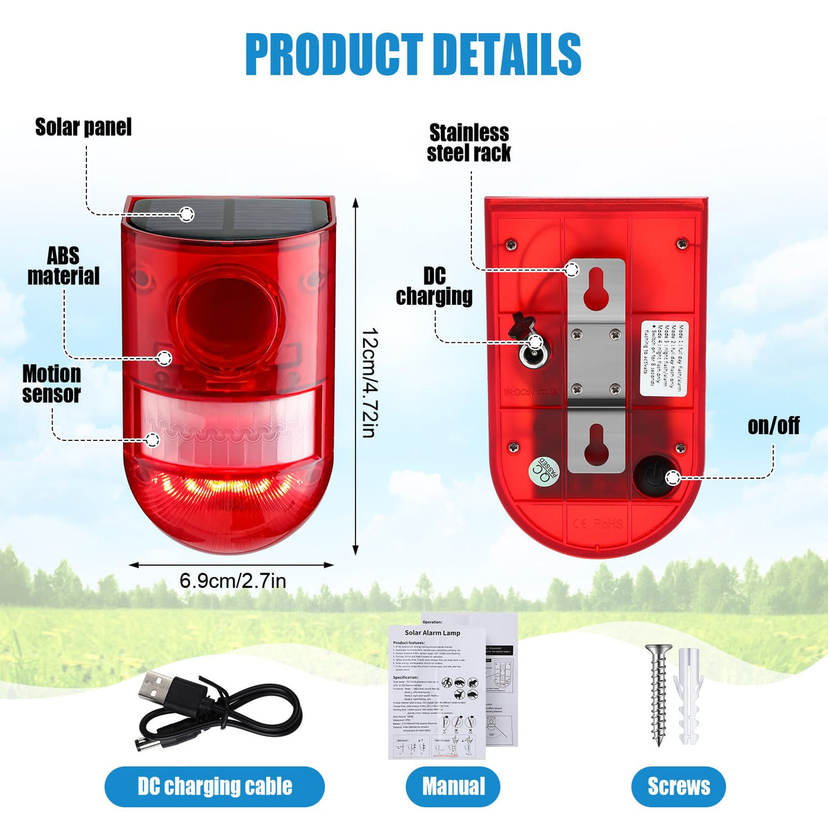 Qualirey 2 Pack Solar Motion Sensor Alarm 129db Outdoor Strobe Light,Red