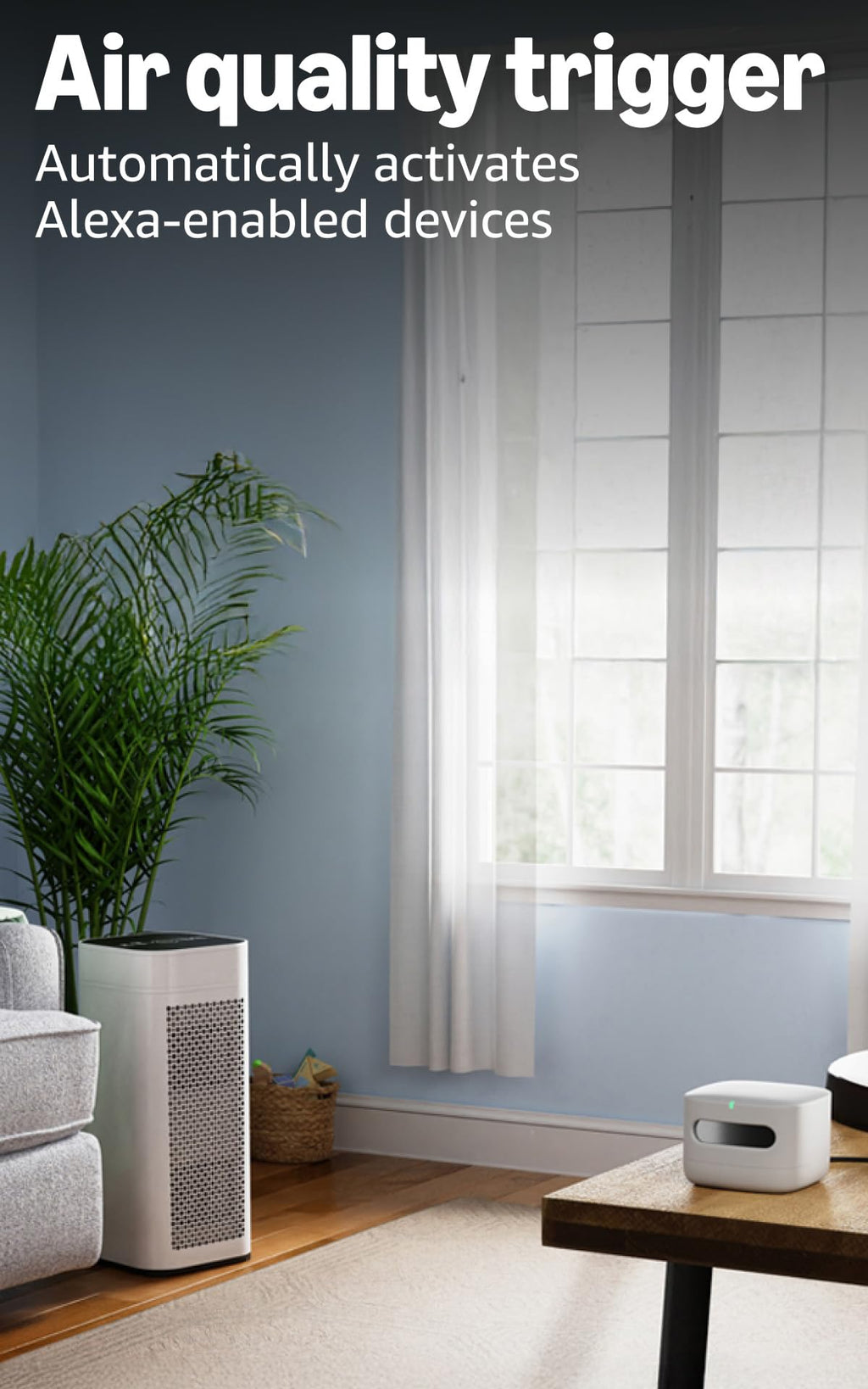 Smart Air Quality Monitor, Detects temperature, humidity, carbon monoxide, PM2.5 and VOCs, Get notifications when air quality drops, Works with Alexa