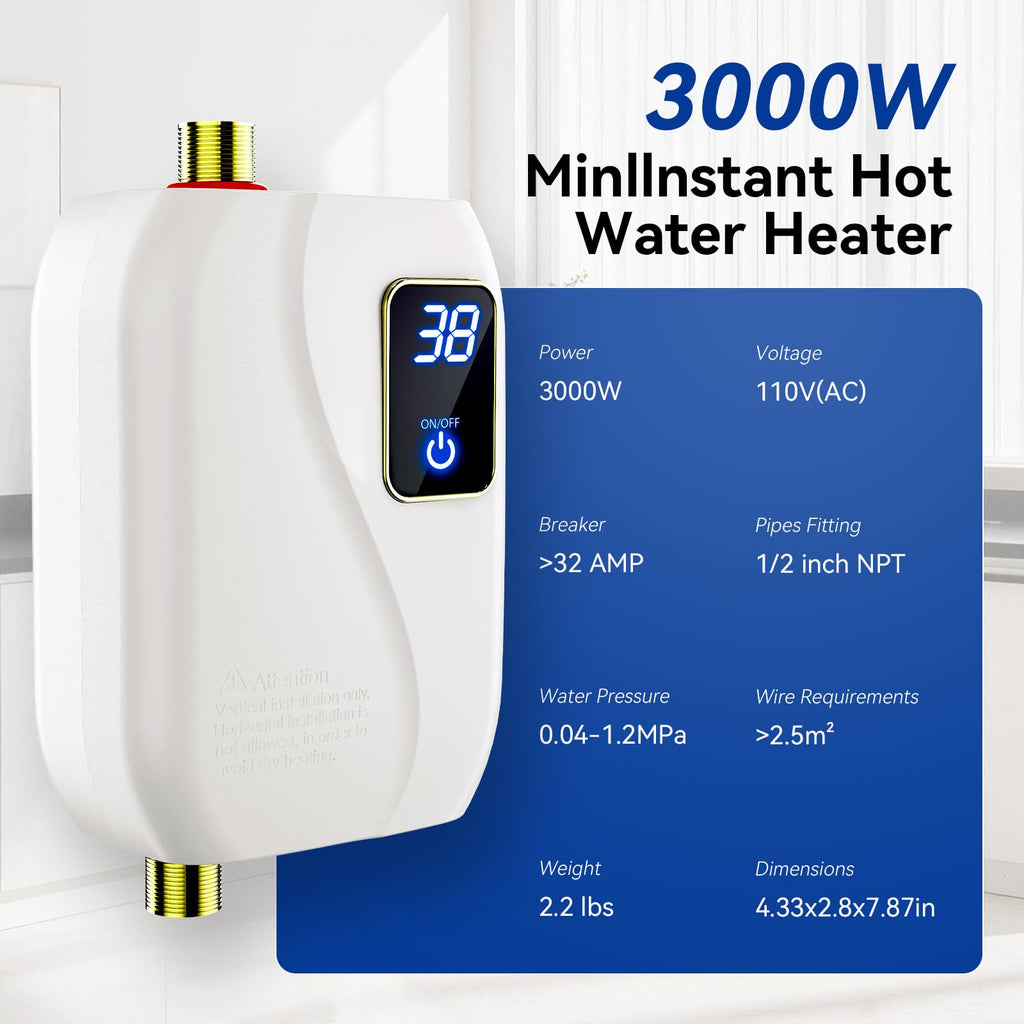 110V Tankless Water Heater Electric, 3000W Tankless Electric Water Heater Instant, Under Sink Water Heater with Digital Display, On Demand Hot Water