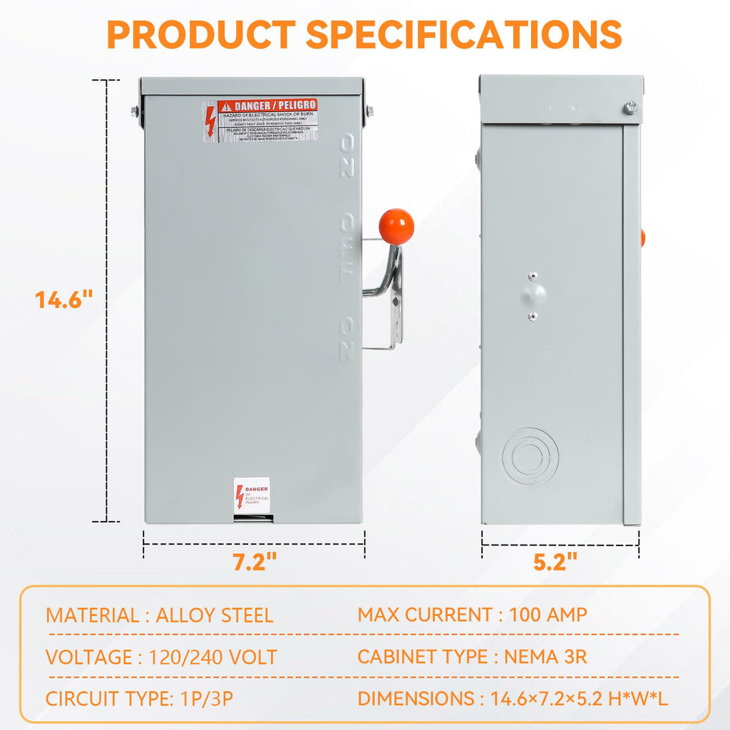 100 Amp Manual Transfer Switch, 24000W, 120/240V, 10-Year Warrnaty