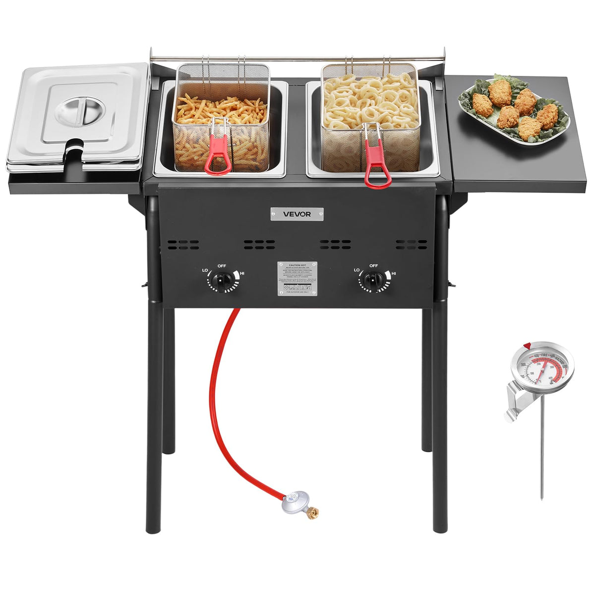 VEVOR Outdoor Propane Deep Fryer, Double Burners Commercial Fryer, 16 Qt Stainless Steel Cooker with Removable Baskets & Lids & Tanks, Oil Fryer Cart