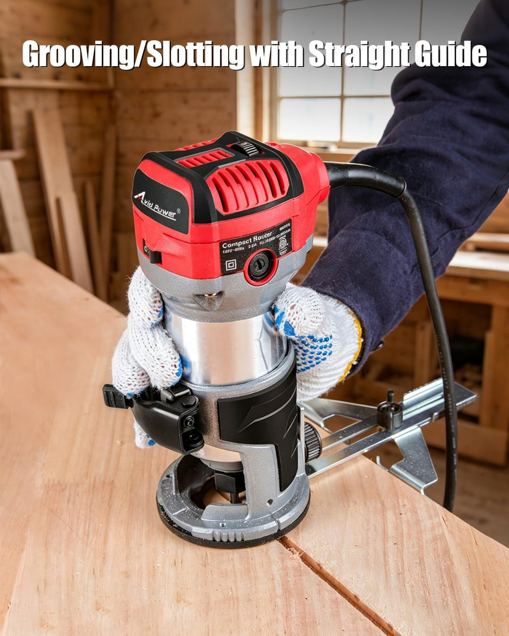 AVID POWER 6.5 Amp 1.25 HP Compact Router Tools for Woodworking, Fixed Base Wood Router with Trim Router Bits, 6 Variable Speeds, Edge Guide, Roller