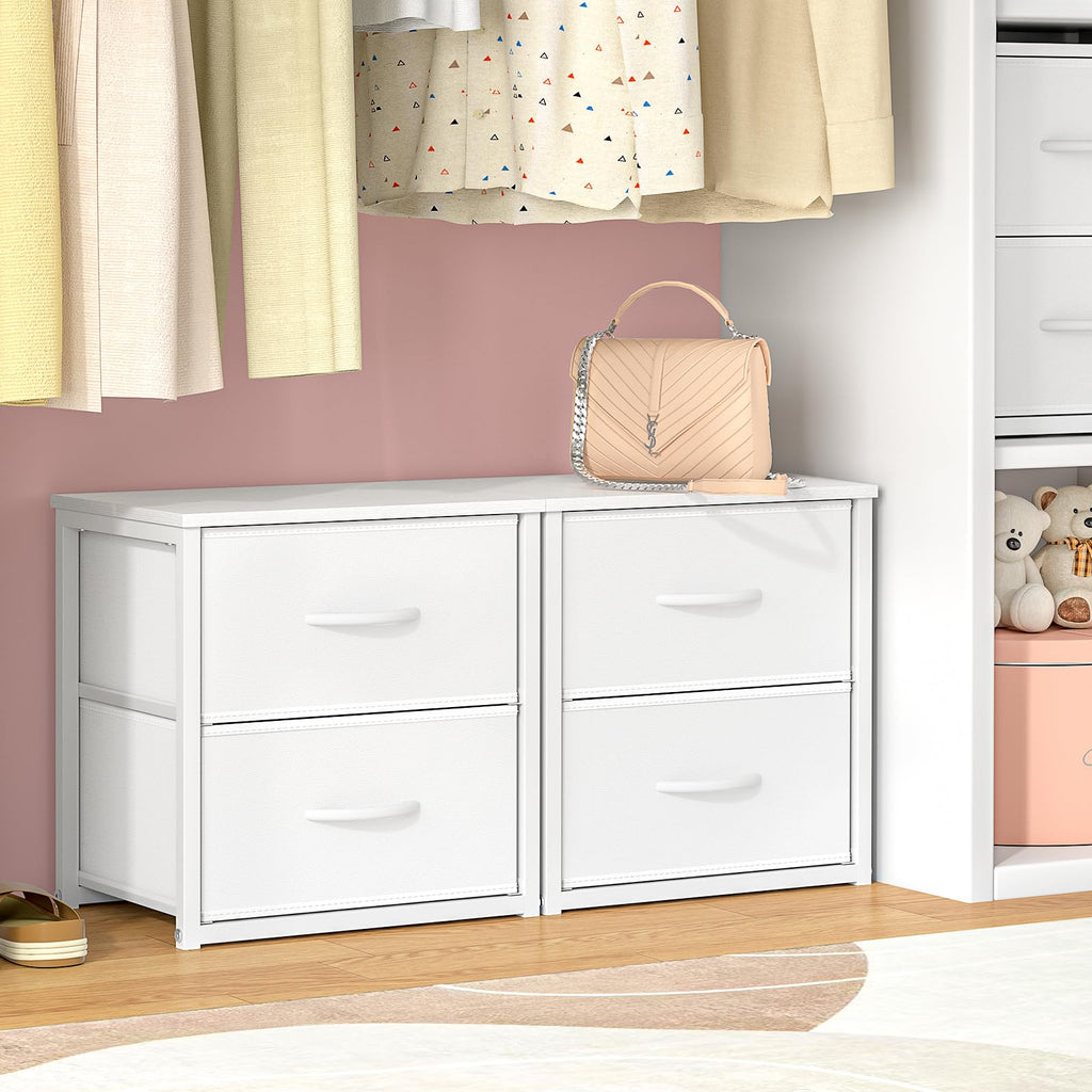 2-Pack Stackable Storage Drawers (4 Drawers Total), White Closet Organizer with Wooden Top & Metal Frame, Freestanding or Stackable Dresser for