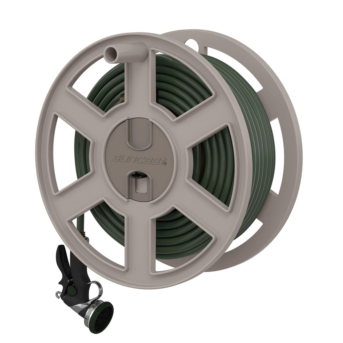 Suncast Sidewinder Wall Mount Garden Hose Reel, 100 Feet Capacity for 5/8 Inch Standard Vinyl Hosepipe, Light Taupe – Resin Water Line Holder for