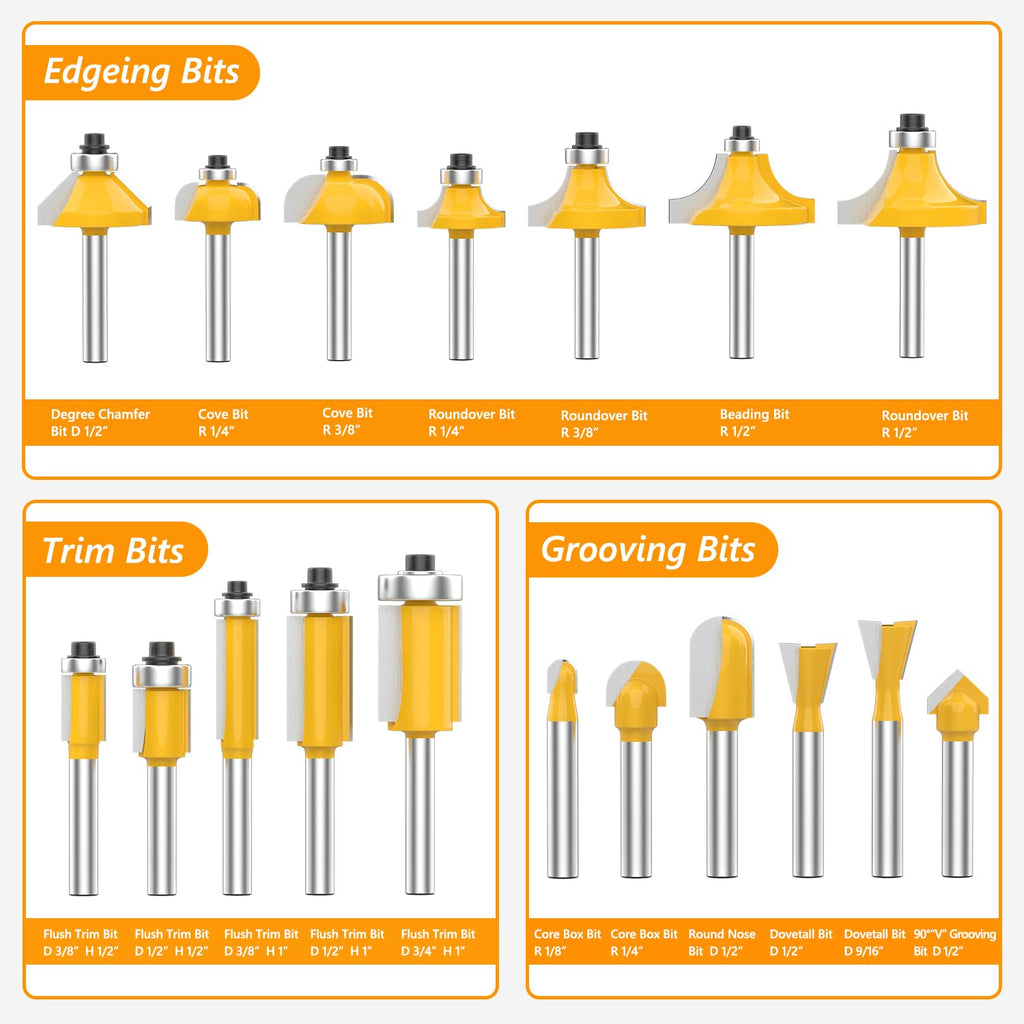 Router Bit Set 35 Pieces 1/4 Inch Shank Tungsten Carbide Tipped Router Bits for Professional Woodworkers and Beginners with Aluminum Alloy Storage Box