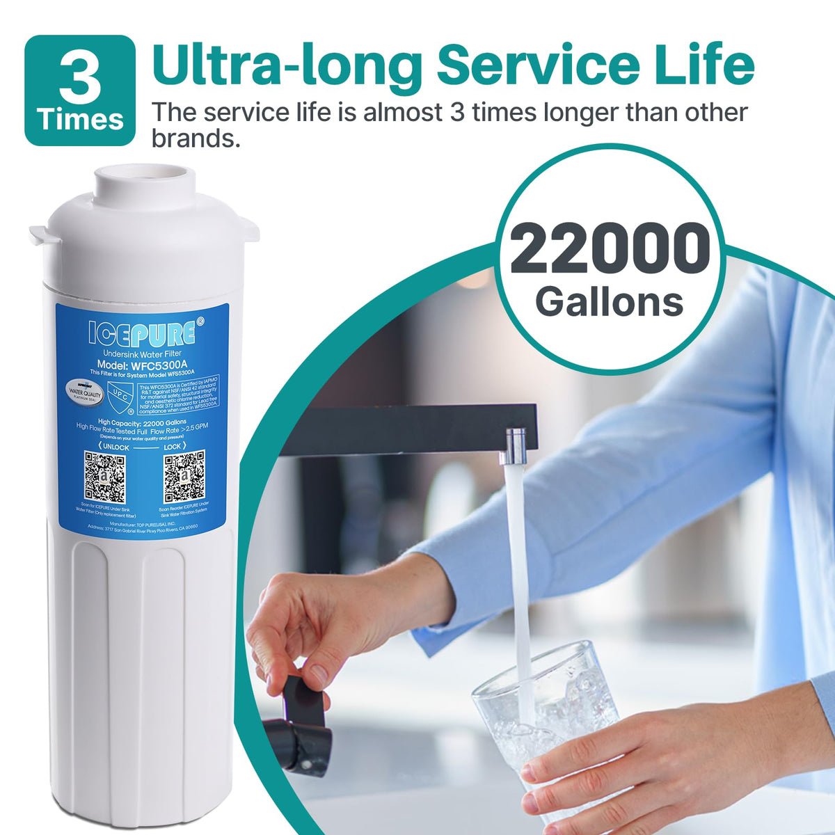 ICEPURE WFC5300A Under Sink Water Filter system, 3 Years or 22000 Gallons Ultra High Life, Replacement for ICEPURE WFS5300A Under Sink Water