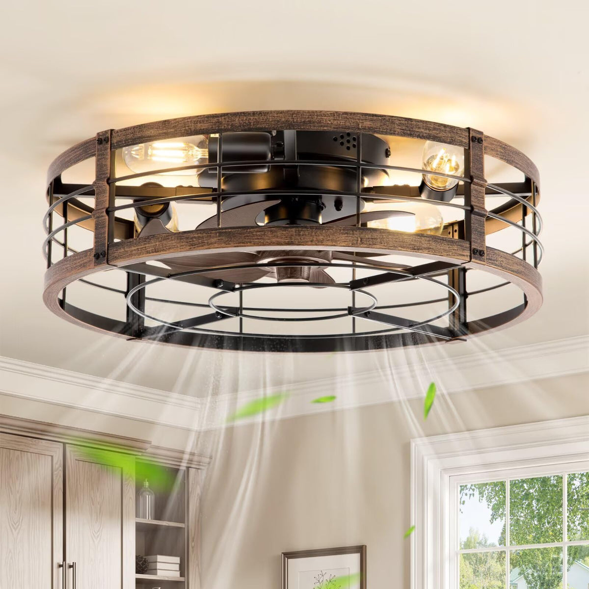 LEDIARY 20" Caged Low Profile Ceiling Fan with Light and Remote Black Gold