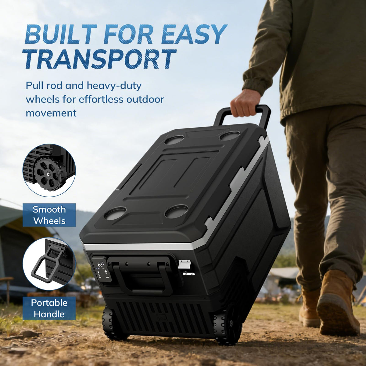 12V Refrigerator Electric Cooler 68QT for Car&Camping with Wheels,Black