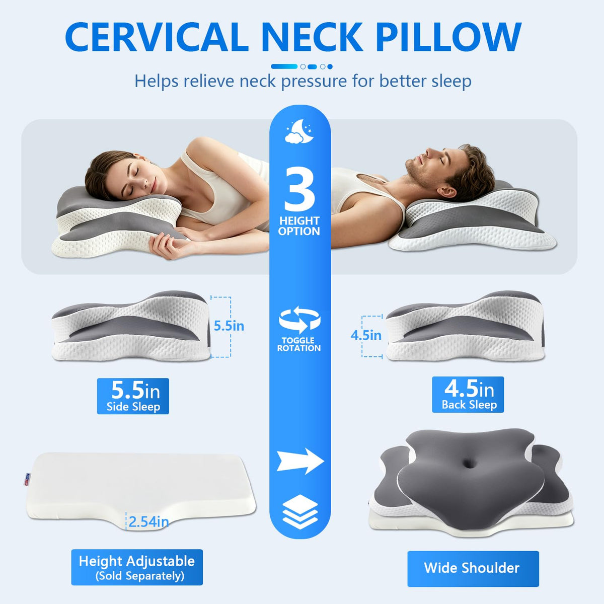 Ergo Pillow for Sleep Apnea, Neck Pain, and Snoring Relief | Cervical Neck Pillow for Neck Pain Relief & Side Sleeper | Orthopedic Memory Foam with