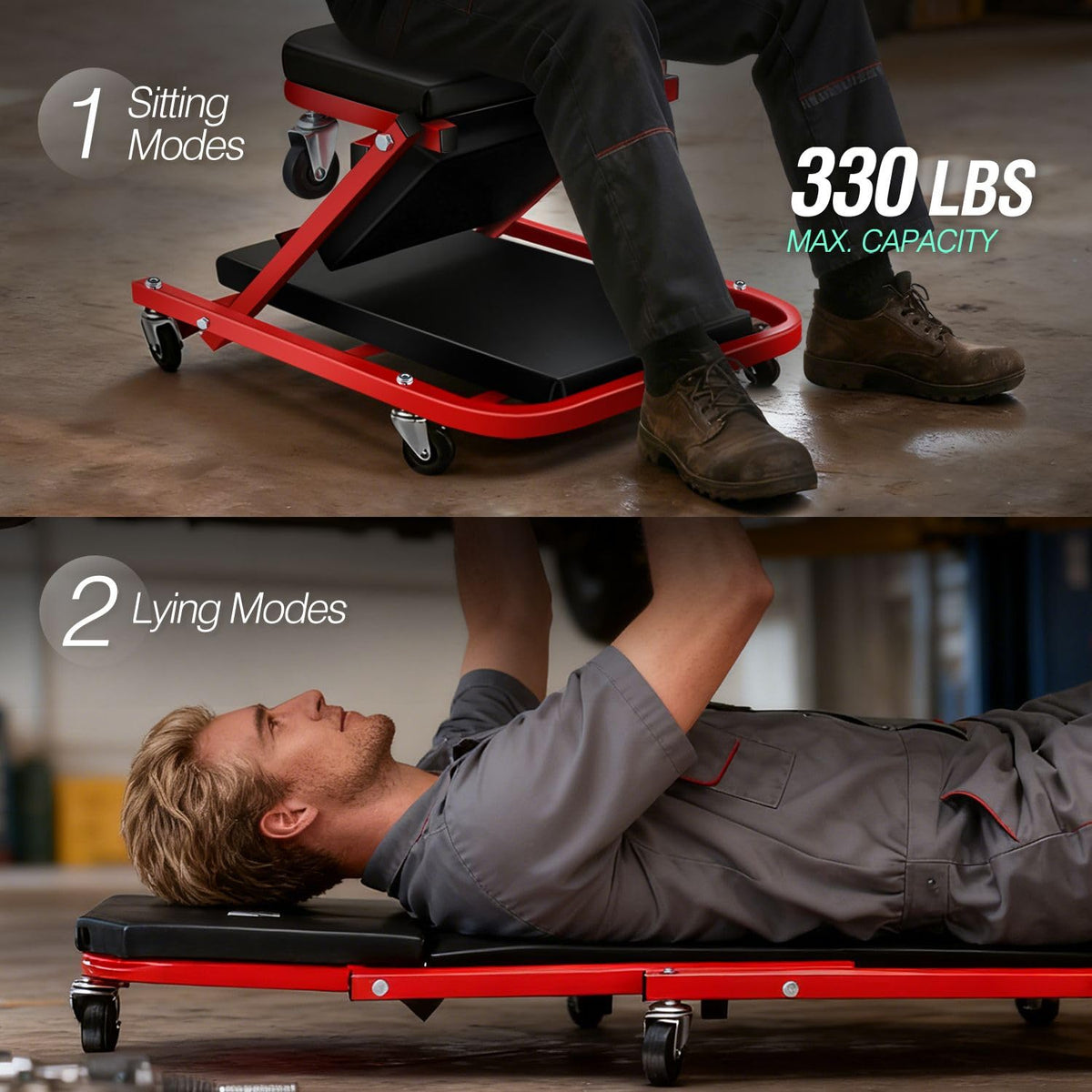 ‎DNA MOTORING TOOLS-00186 40 Inches 2 IN 1 Rolling Folding Car Creeper/Seat, 6 Pcs 2" Casters, 150kg Weight Capacity, Red