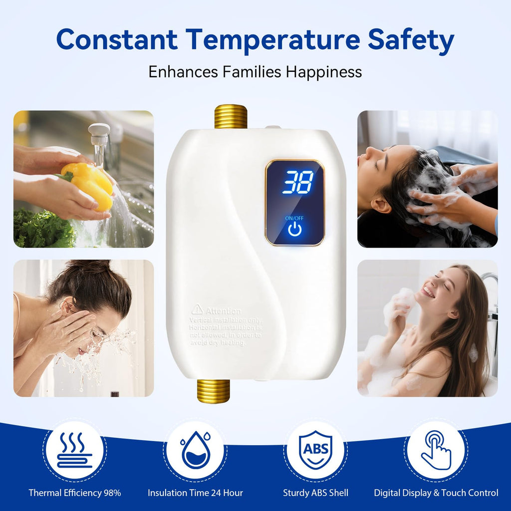 110V Tankless Water Heater Electric, 3000W Tankless Electric Water Heater Instant, Under Sink Water Heater with Digital Display, On Demand Hot Water