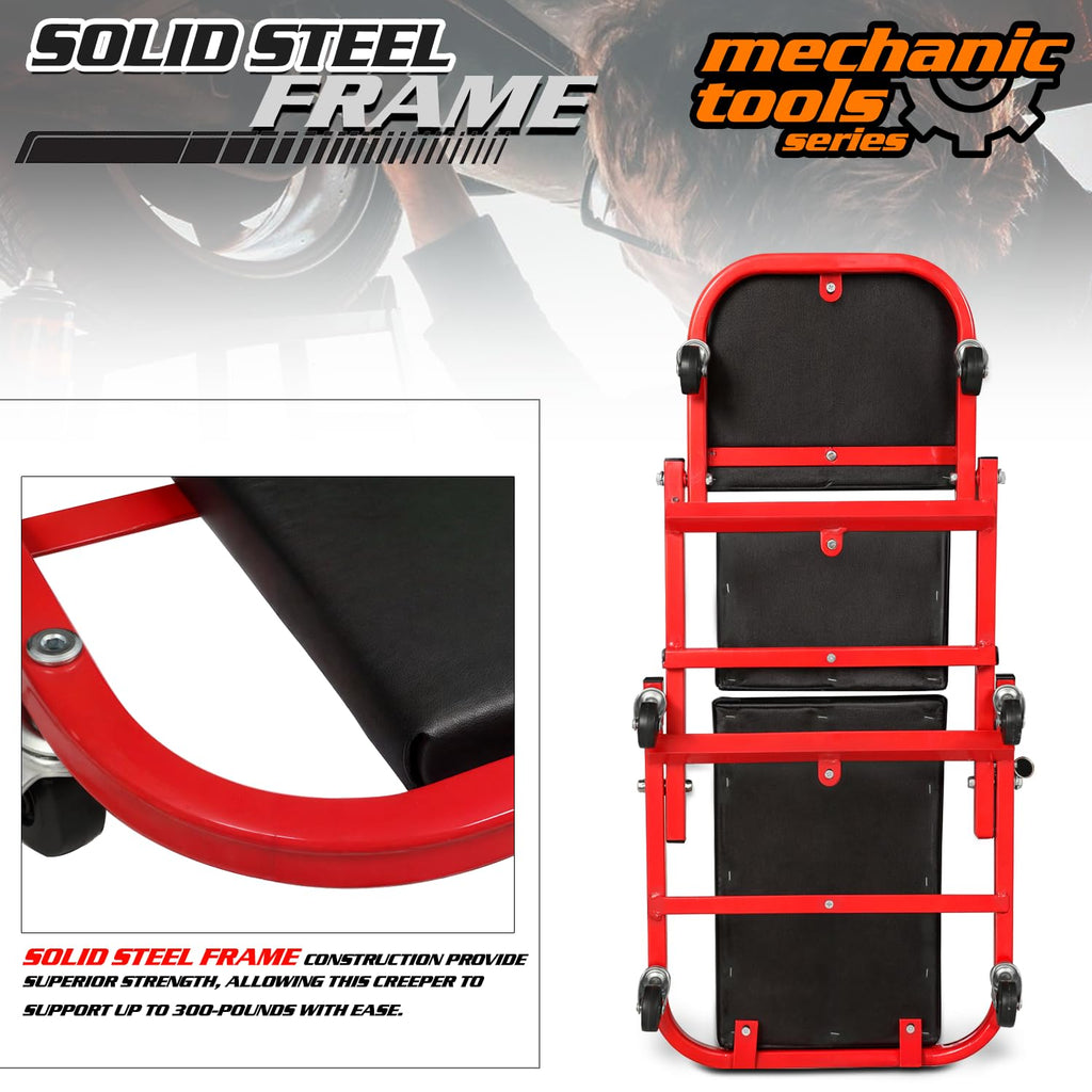 M-AUTO Foldable Z Creeper 2-in-1 Rolling Folding Car Creeper & Seat, 36" Adjustable Roller Garage Chair Lay Down or Sit, 330LBS Capacity Under Car