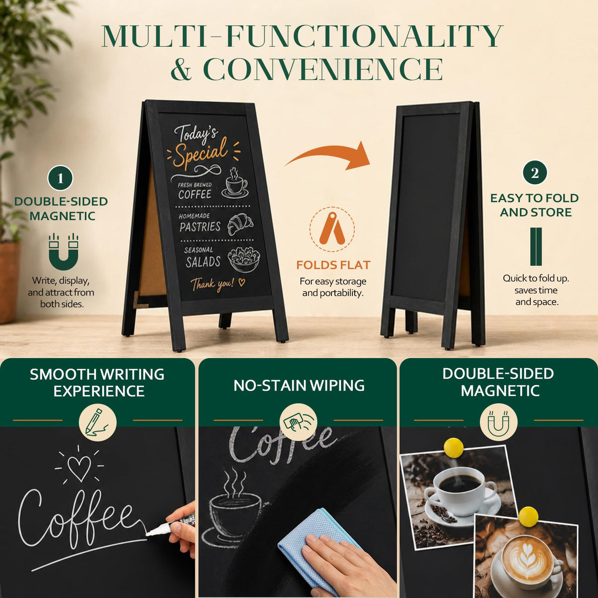4 THOUGHT A-Frame Double-Sided Magnetic Chalkboard 40"x20", Black