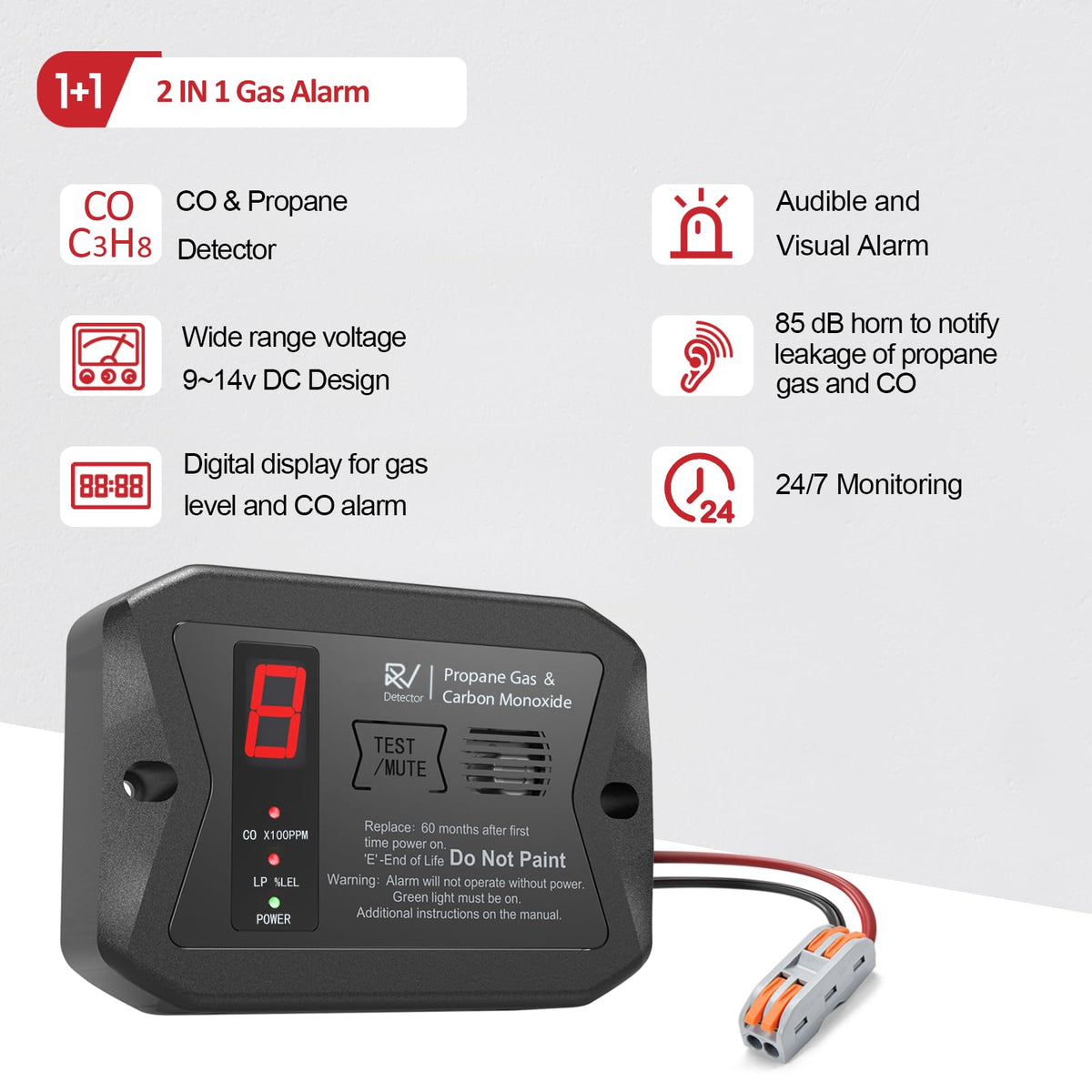 2-in-1 RV Accessories Gas Detector,Hardwired 12V DC with 3 Different Brackets for RVs,R502