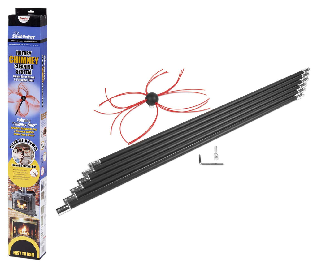 SootEater Rotary Chimney Cleaning System - Gardus RCH205-B Chimney Sweep Kit, Cleans Open Chimneys up to 18' with 6 Flexible 3' Rods, Chimney
