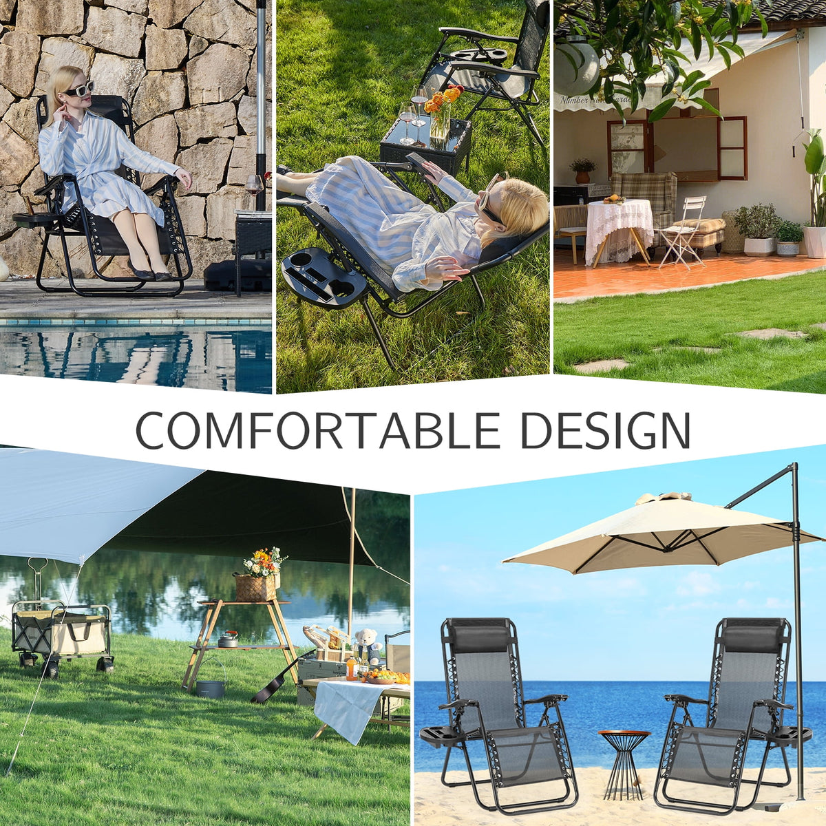 EDX Zero Gravity Chair Outdoor Lounge Chair，Suitable for Beach Terrace Pool Patio, Black 2-Pack