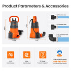 1/3 HP Submersible Utility Pump, 2790 GPH High Flow, Portable Sump Pump with Auto Water Sensor, Ideal for Pool, Flooded Basement, Hot Tub, Pond and