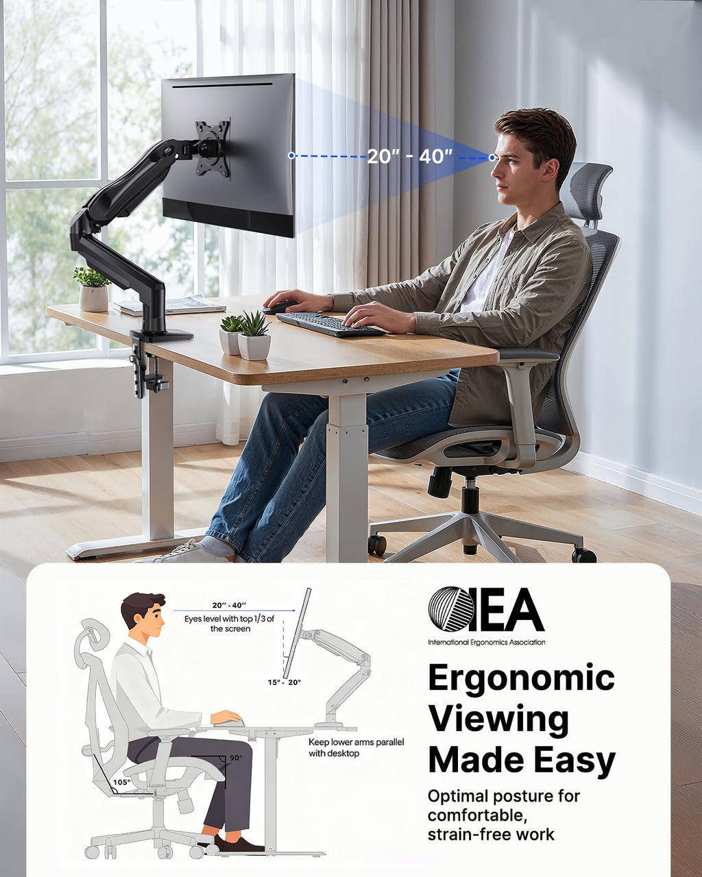 HUANUO FlowLift™ Single Monitor Mount, 13 to 32 Inch Monitor Arm, Adjustable Monitor Stand, Vesa Mount with Clamp and Grommet Base - Fits 4.4 to