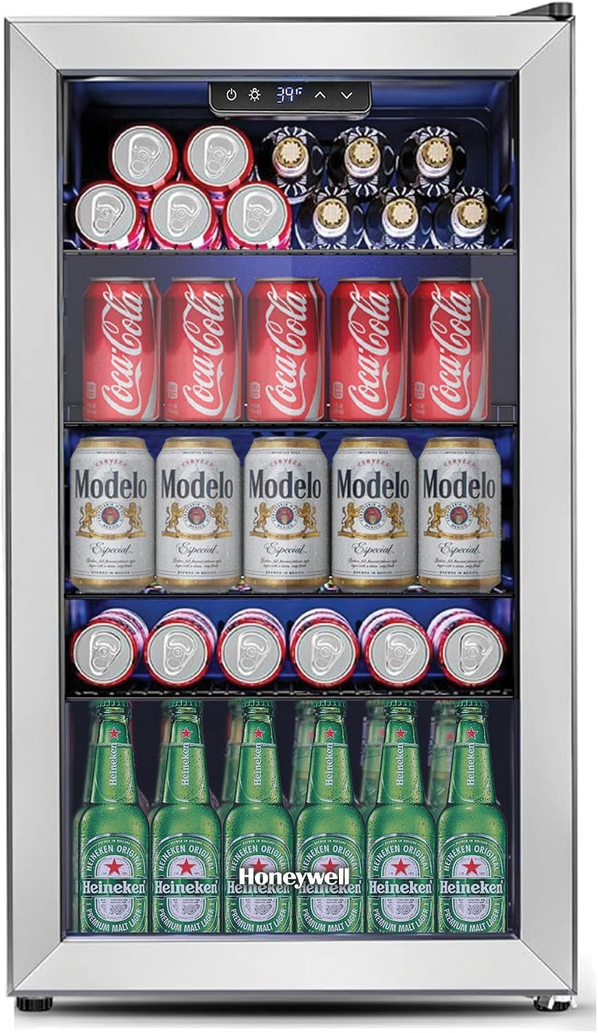 Honeywell Beverage Refrigerator and Cooler, 116 Can Mini Fridge with Glass Door for Soda Beer or Wine for Office or Bar with Adjustable Removable