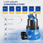 FOTING 1/2HP Submersible Water Pump with Stainless Steel Base - Removes Water to 0.04" Depth, 2450GPH Portable Sump Pump for Puddles, Pools, Boats