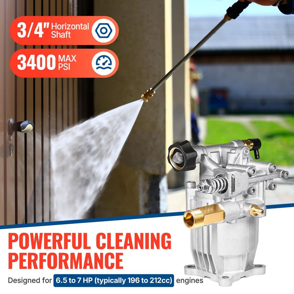 YAMATIC 3/4" Horizontal Shaft Pressure Washer Pump Max 3400 PSI 2.5 GPM