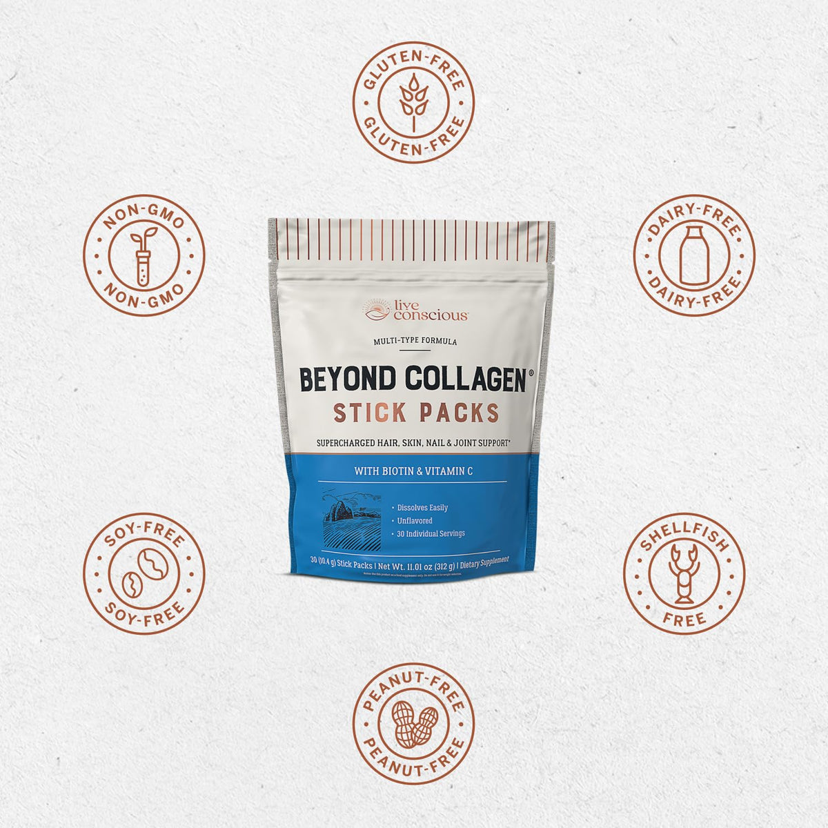 Live Conscious Beyond Collagen Peptides Powder Unflavored Packets - Hydrolyzed Collagen Powder - Hair Skin Nail & Joint Support - Multi Type Collagen